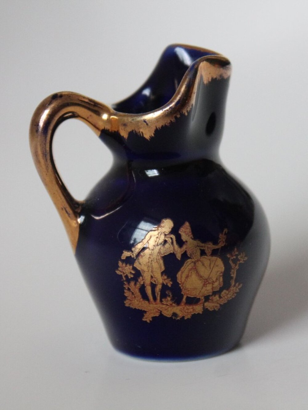 Miniature Cobalt Blue Pitcher with Scalloped Spout & Gilt (Limoges, France)